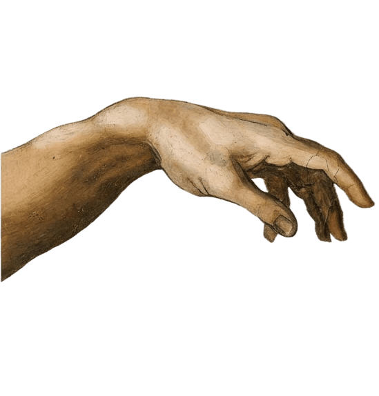 Two hands reaching toward one another, echoing Michelangelo's Creation of Adam.